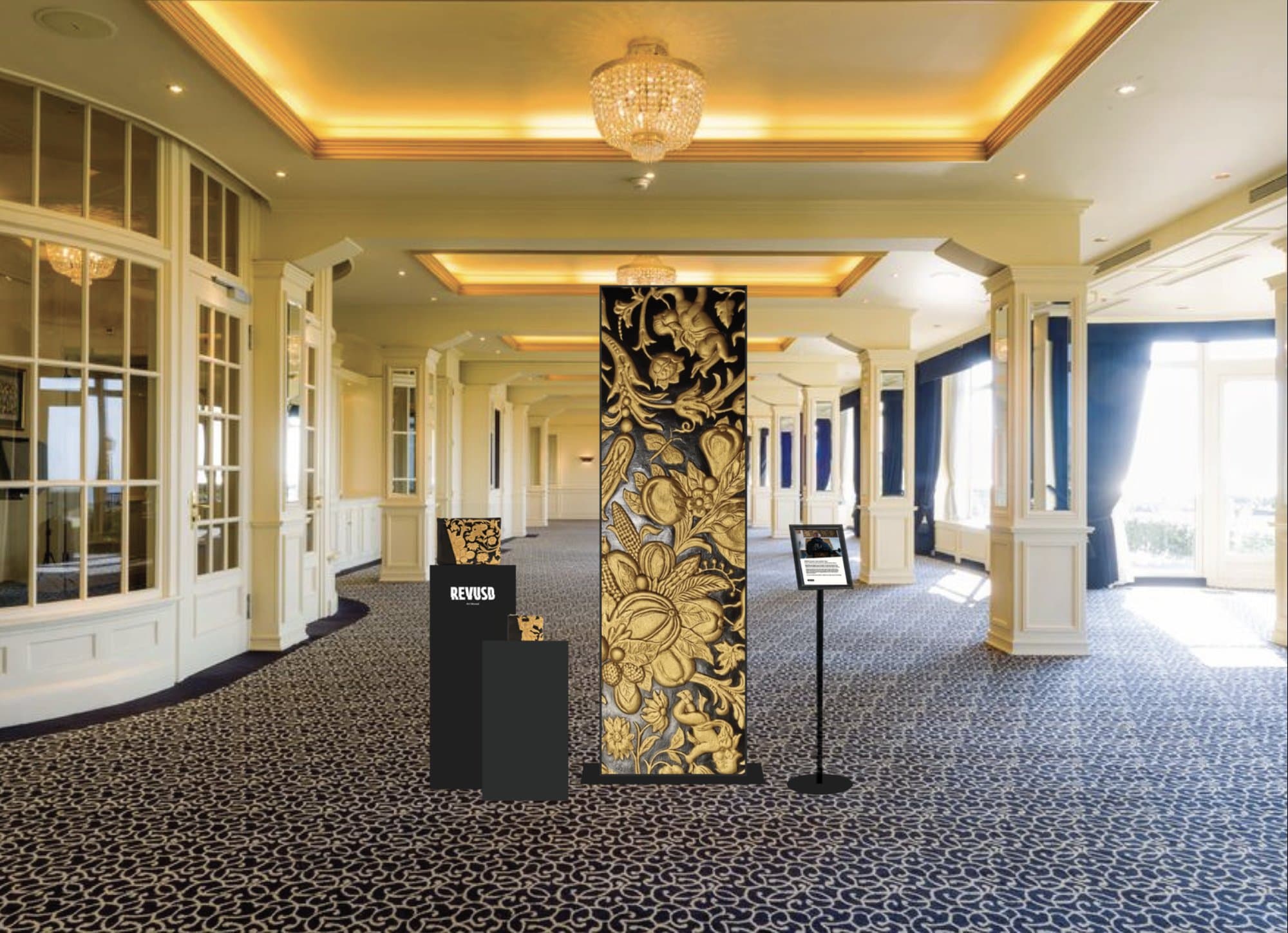 Gilded leather panels presented in the exhibition space