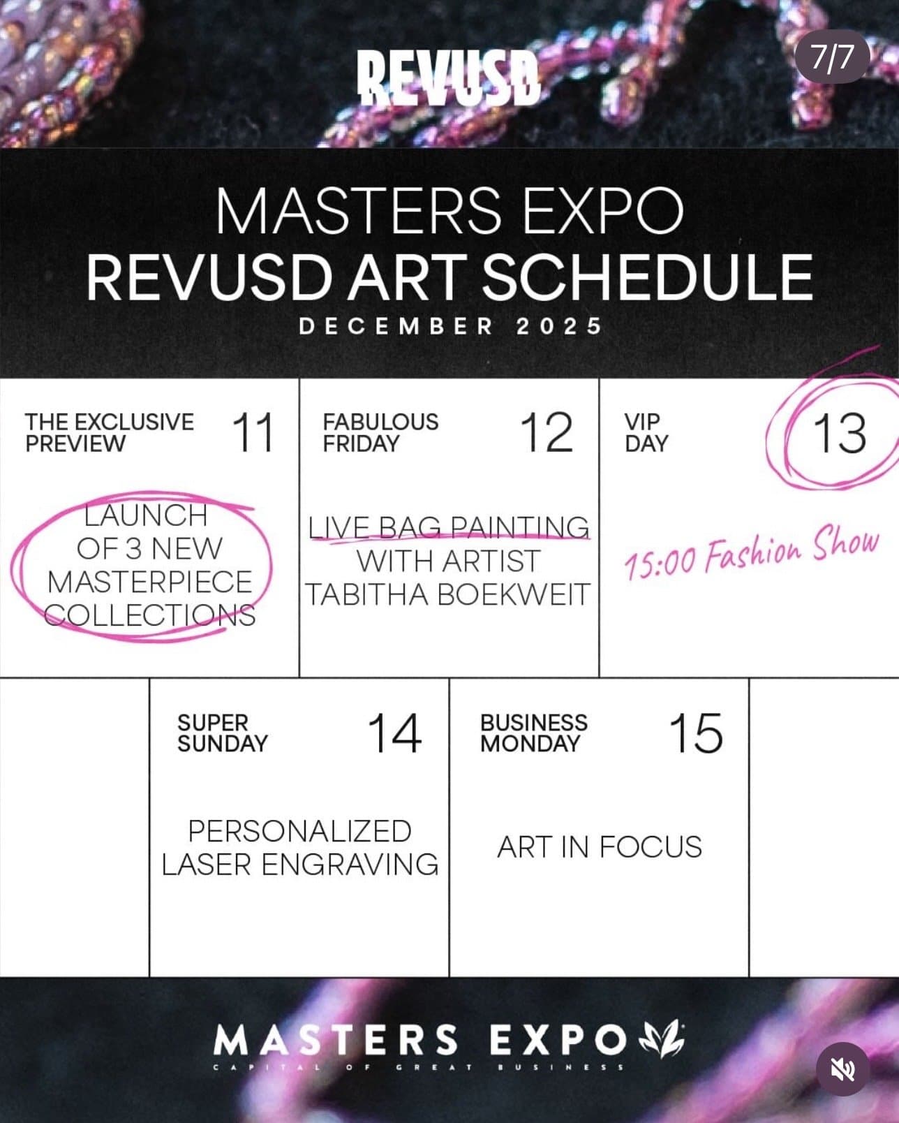 REVUSD art schedule for Masters Expo, December 2025