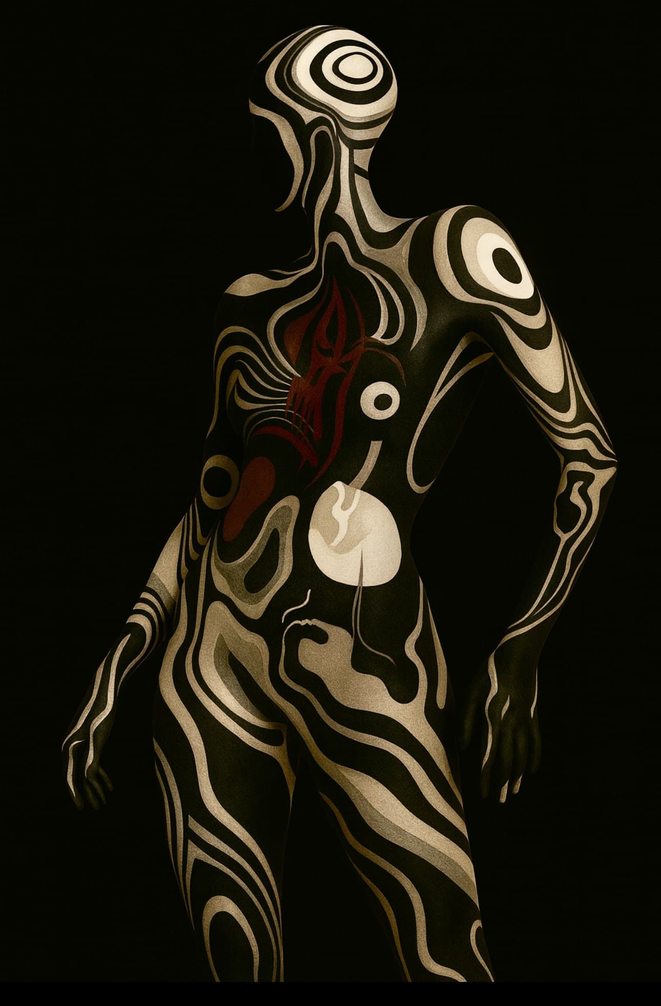 Figure painted in flowing black and gold lines