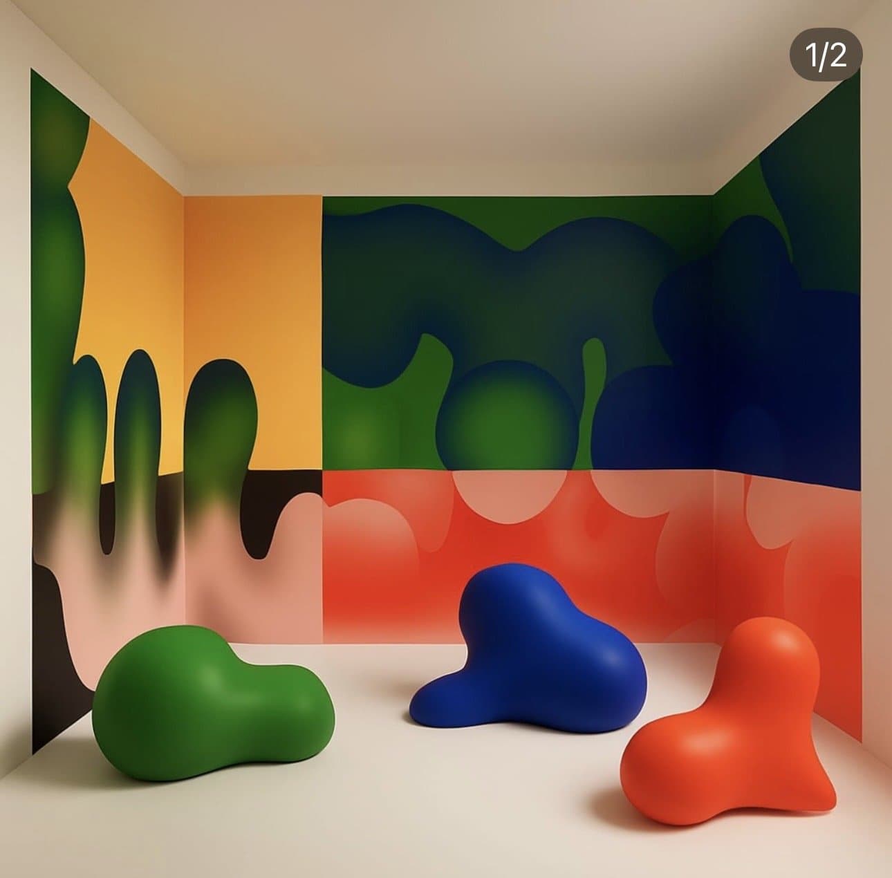 Room with blob seating and painted walls
