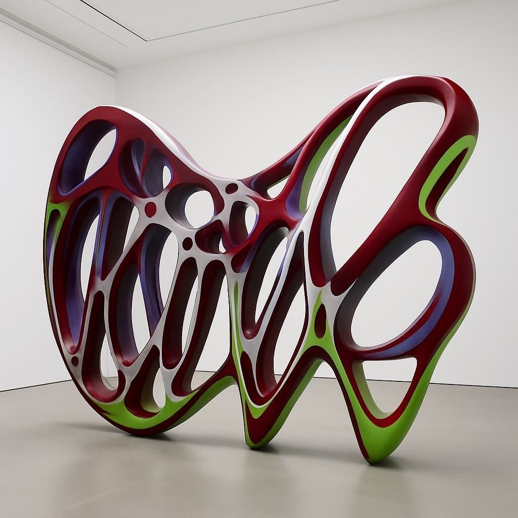 Large sculptural scribble in red, green and purple