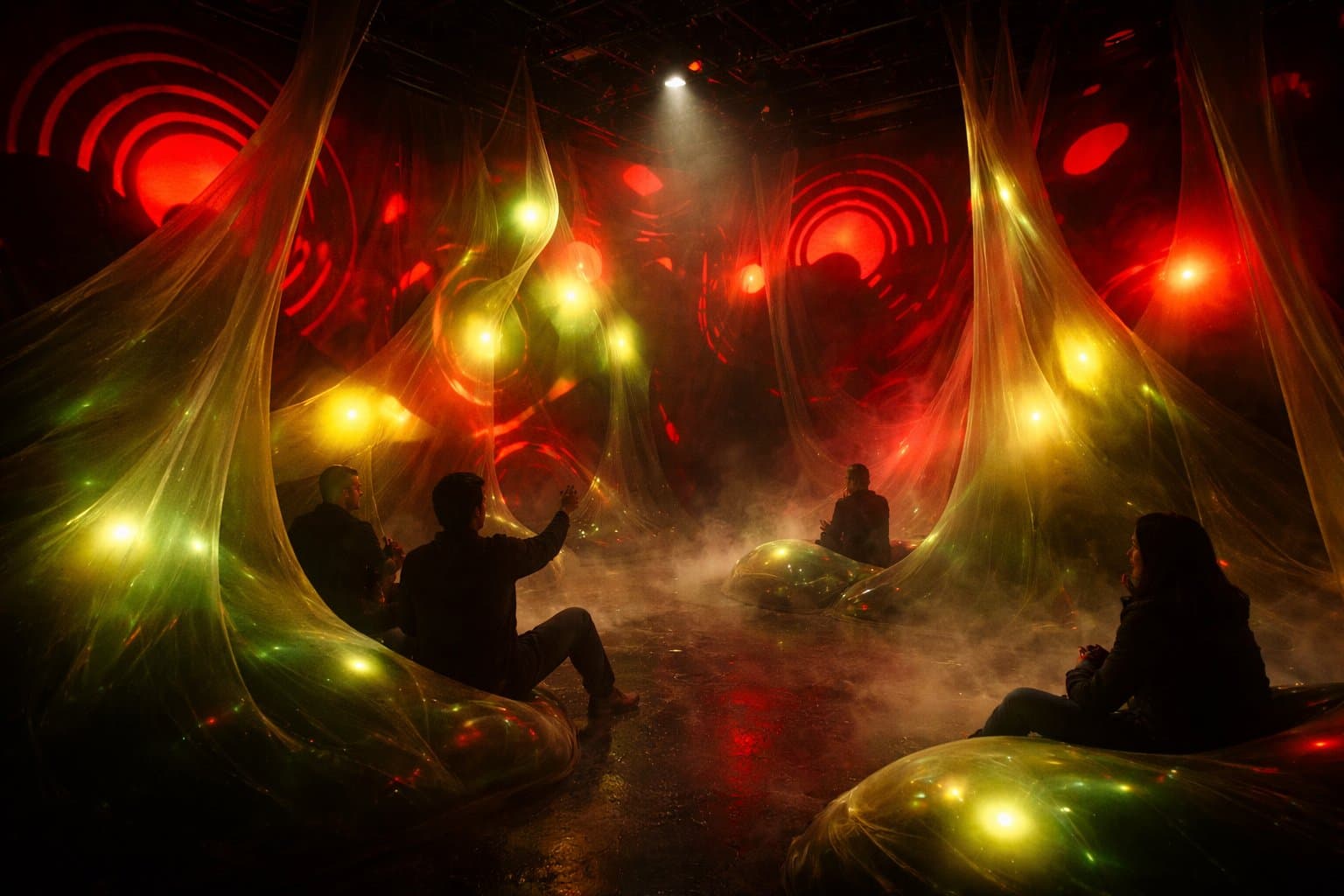 Immersive theatre set with glowing organic forms and an audience