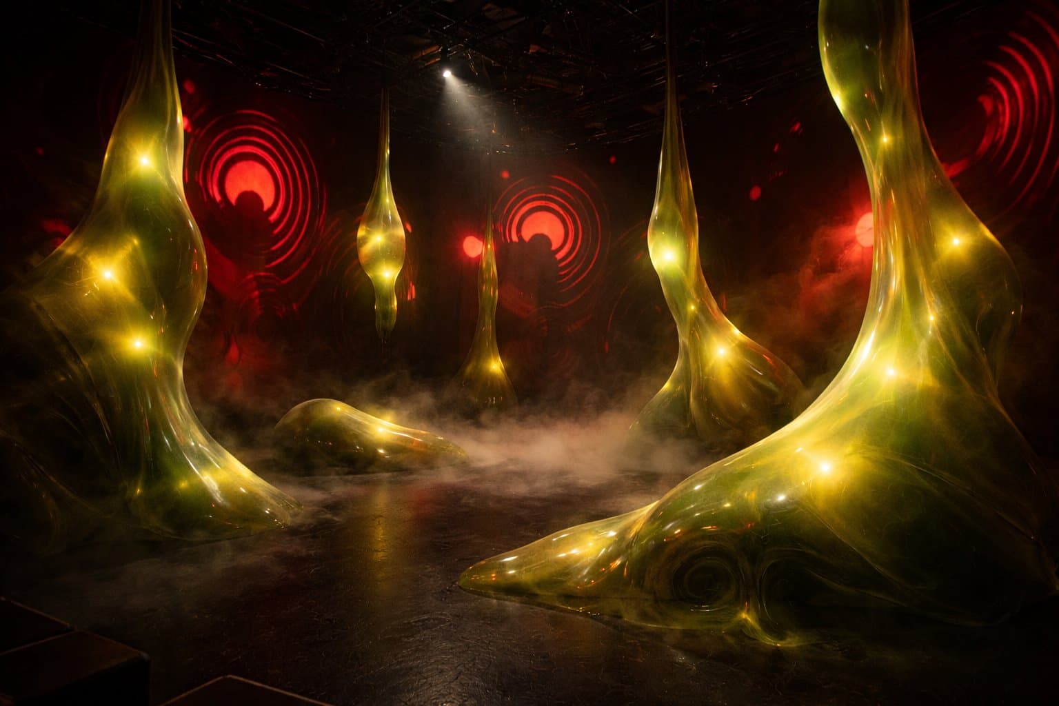 Stage view, glowing forms