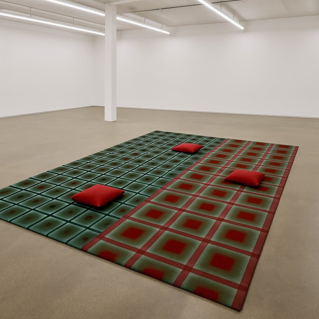 Patterned carpet with red cushions