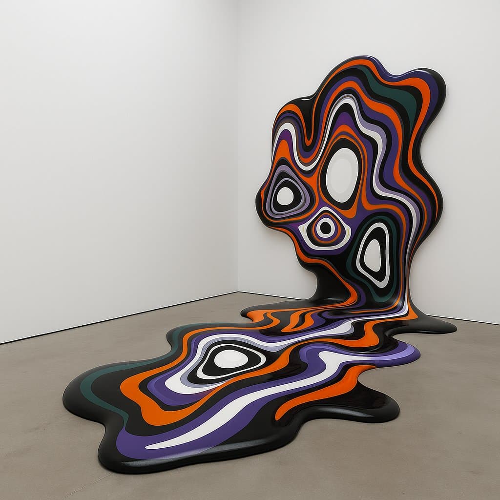 Striped sculpture melting from wall to floor