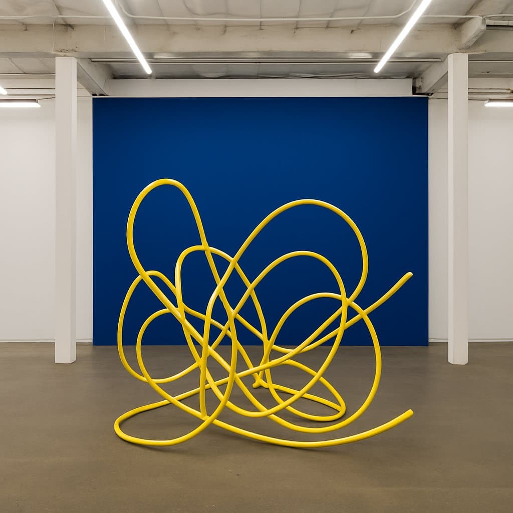 Tangled yellow tube sculpture against a blue wall